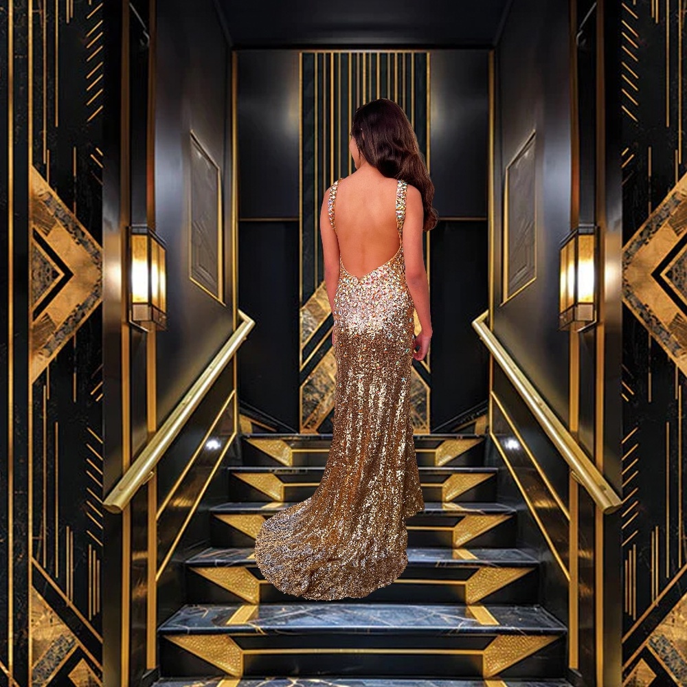 Gold sequin mermaid prom dress  ✨ Kiss Kiss Formal Mary’s Bridal size 4